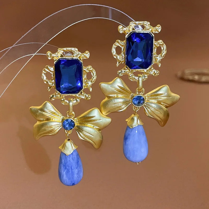3 Pcs Bluey Rhinestone Square Bowknot Water Drop Dangle Earrings for Women Vintage Unique Design Necklaces Collar Jewelry Sets