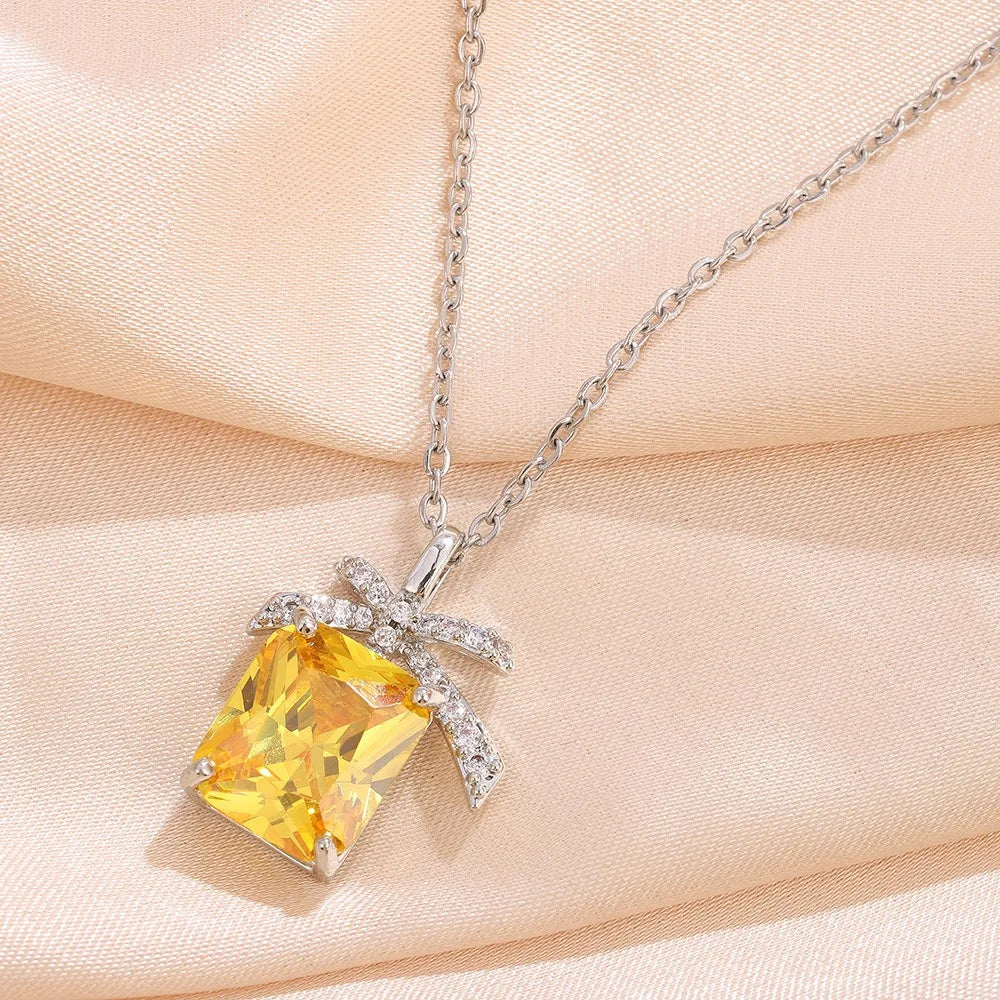 Yellow CZ Pendant Necklace for Women Silver Tone Bow Charm Crystal Necklaces Elegant Fashion Jewelry Gift new hot