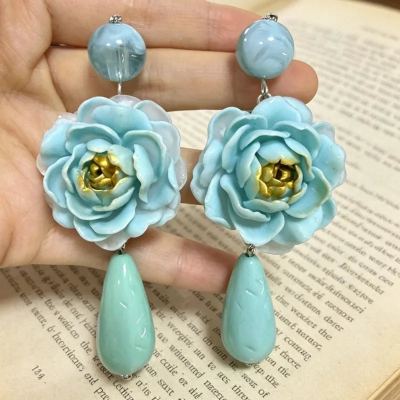 Blue Flowers Earrings for Women Teardrop Vintage Palace Style Sweet Pendientes Mujer Elegant Exquisite  Versatile Jewelry