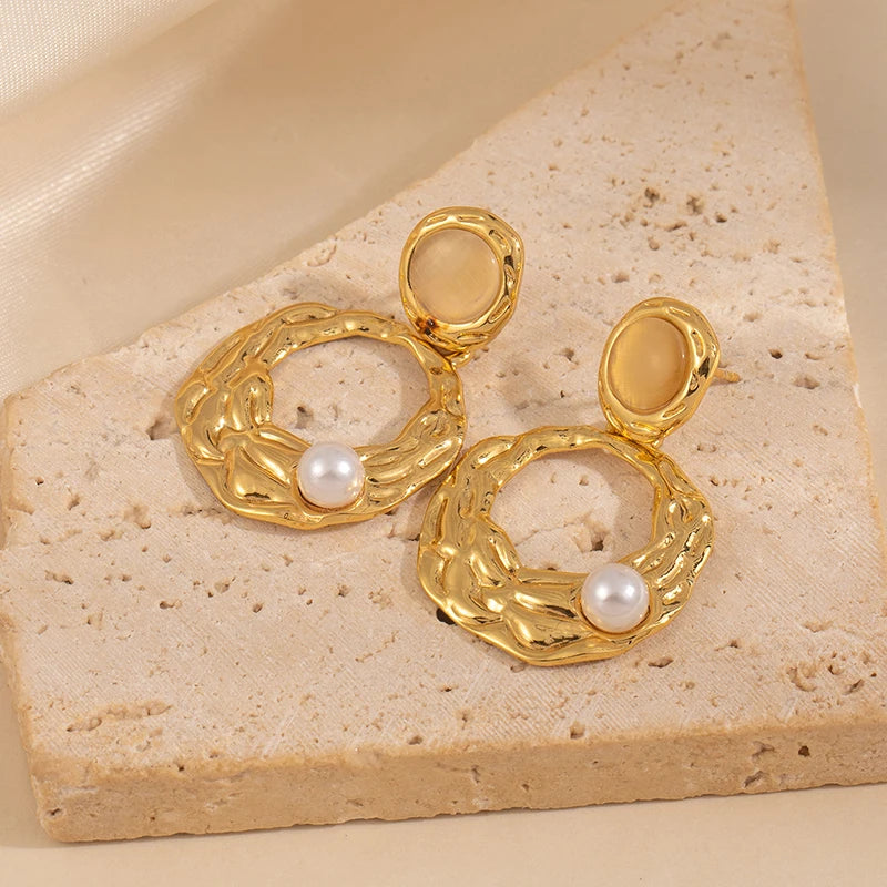 ANENJERY 316L Stainless Steel Pearl Irregular Geometry Pendant Earrings For Women Bohemia Niche Retro Waterproof Jewelry Gifts