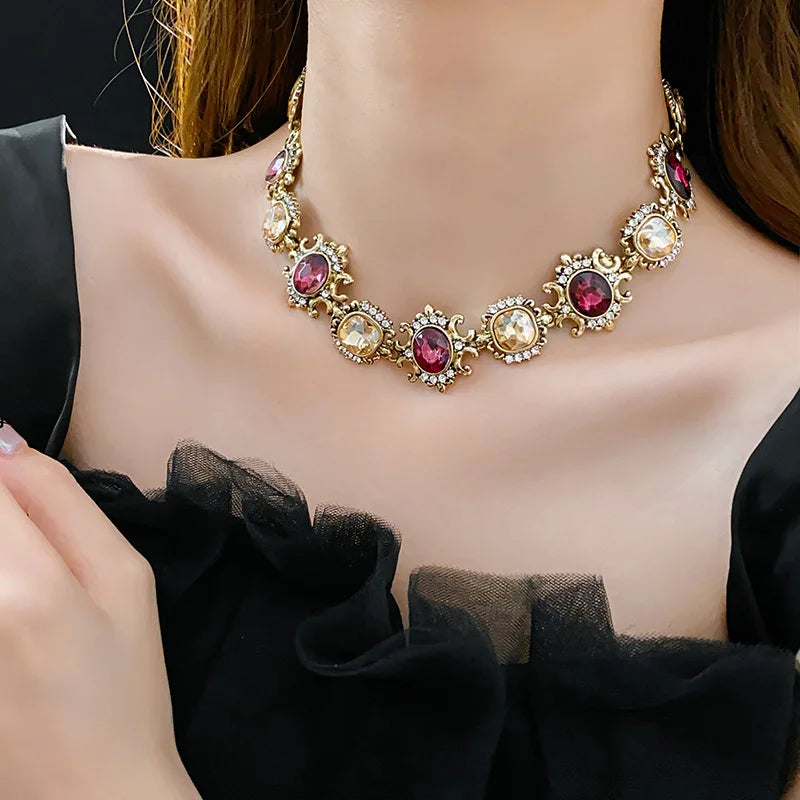 Vintage Square Rhinestone Round Drop Earring Chain Necklace Palace Style Luxury High-end Design Women's Jewelry Sets Wedding J