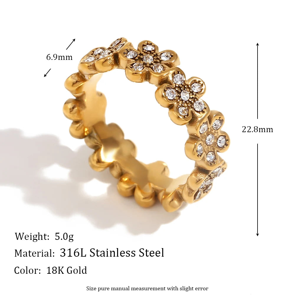 E.B.belle Flower Micro Inlaid Small Daisy Ring Tarnish Free 316L Stainless Steel Jewelry 18K Gold Plated Decoration