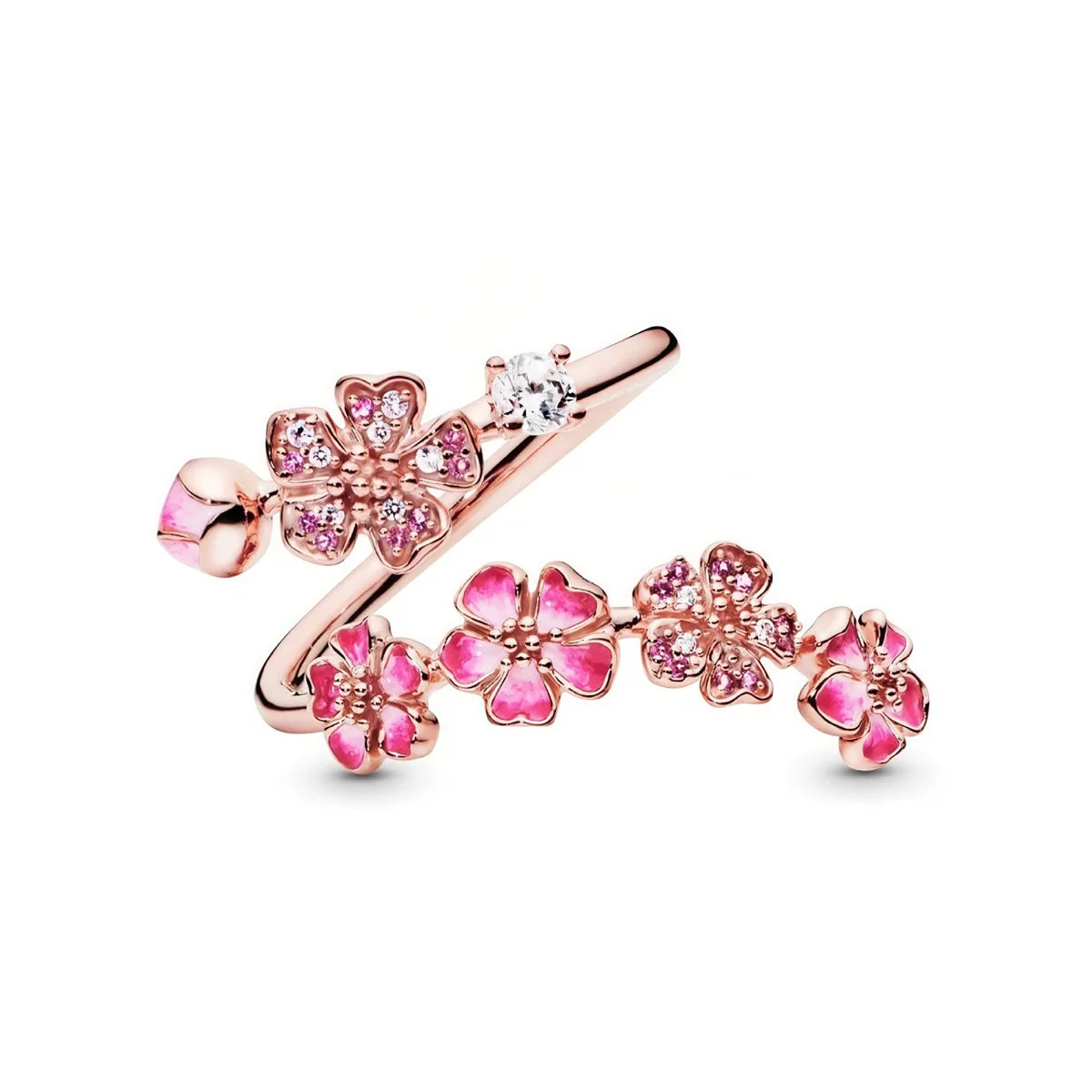 Charm Luxury Female Pink Bule Flower Zircon Stone Adjustable Open Ring RoseGold Silver Color Cute Gift Wedding Jewelry For Women