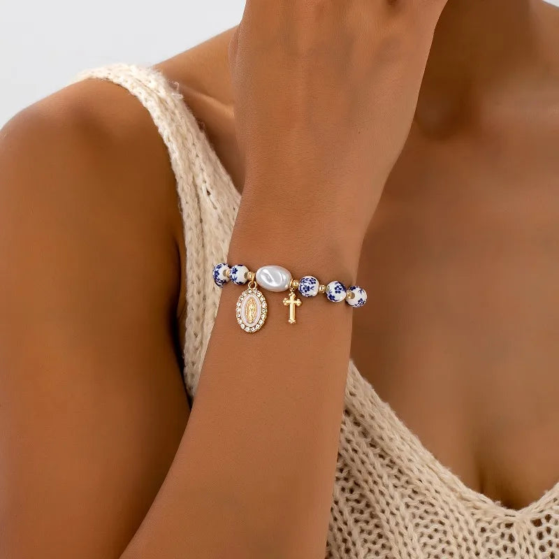 Bohemian Blue White Porcelain Bead Bracelet with Imitation Pearls Cross Pendant for Women Daily Party Wear Fashion Accessory