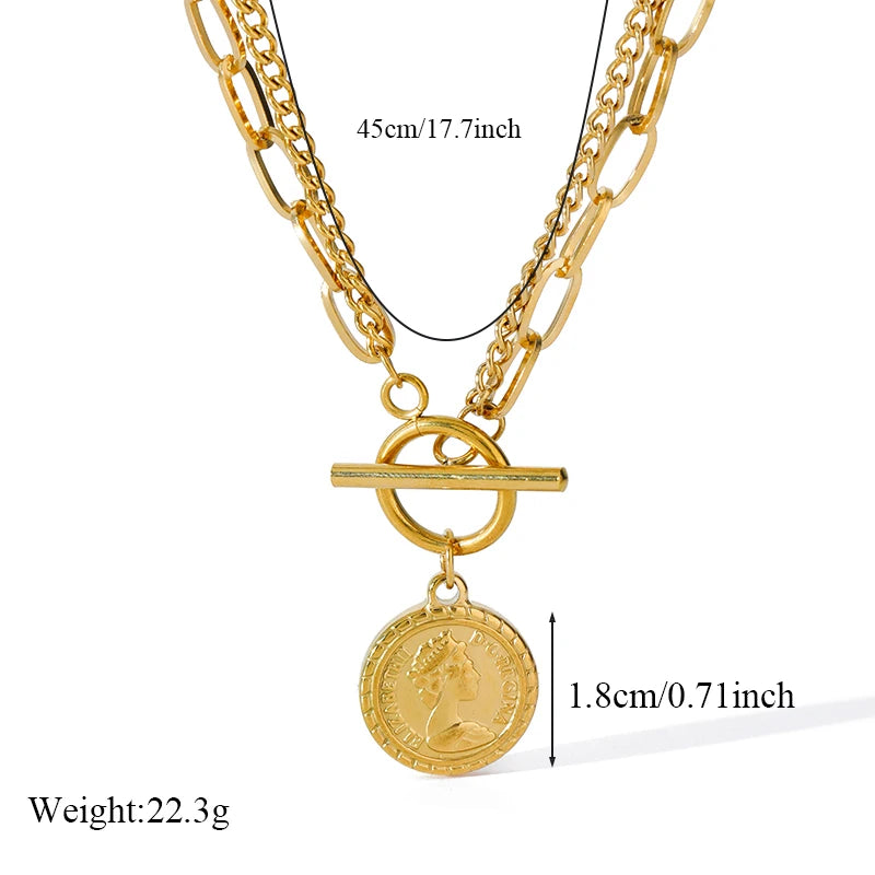 EILIECK 316L Stainless Steel Gold Color Portrait Coin Pendant Necklace For Women Fashion New Gift OT Buckle Neck Chain Jewelry