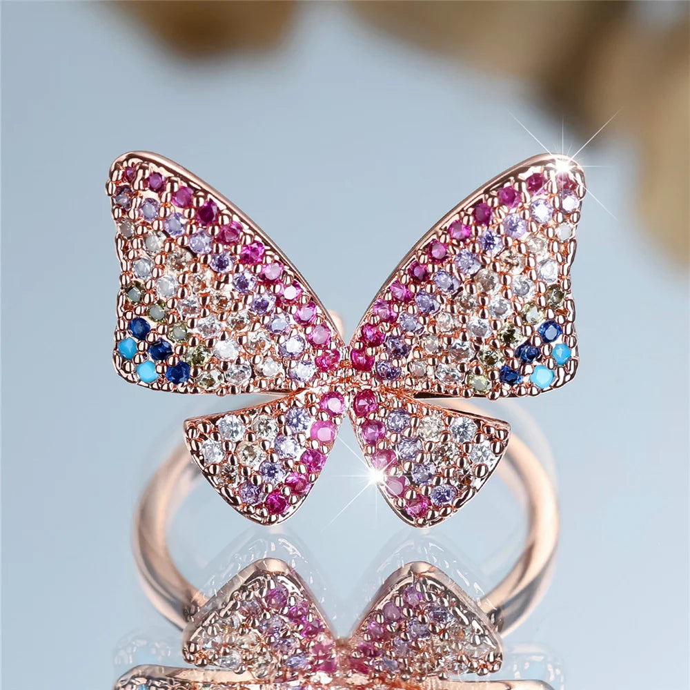 Charm Female Rainbow Butterfly Stone Adjustable Open Ring Gold Silver Color Cute Gift Wedding Jewelry For Women