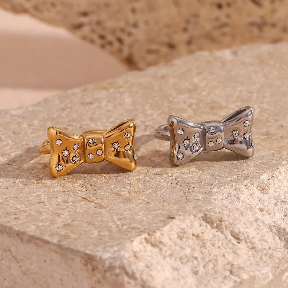 E.B.belle Micro Inlaid Bow Open Ring Waterproof Silver Color 316L Stainless Steel Decoration 18K Gold Plated Jewelry