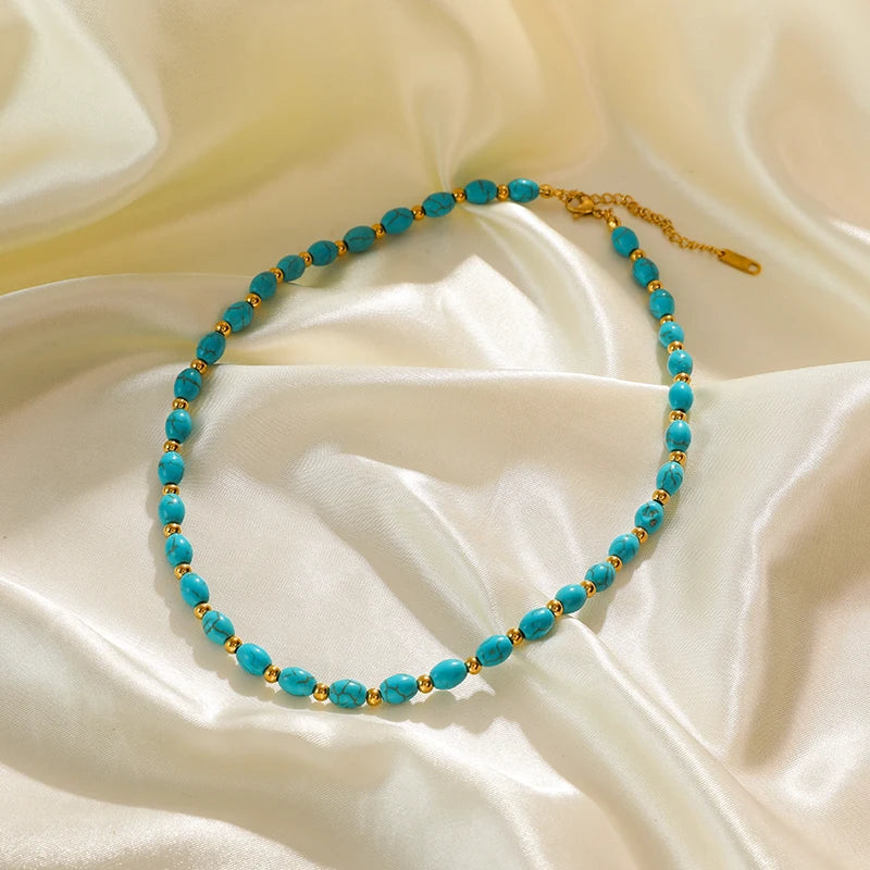 EILIECK 316L Stainless Steel Green Stone Necklaces Irregular Bead String Necklace Fashion Women's Vacation Jewelry Chain Chokers