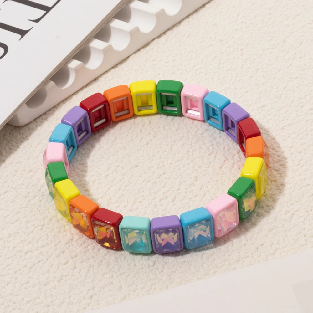 8x10mm Zirconia Enamel Bangle For Women Handmde Rainbow Color Elastic Beaded Bracelets