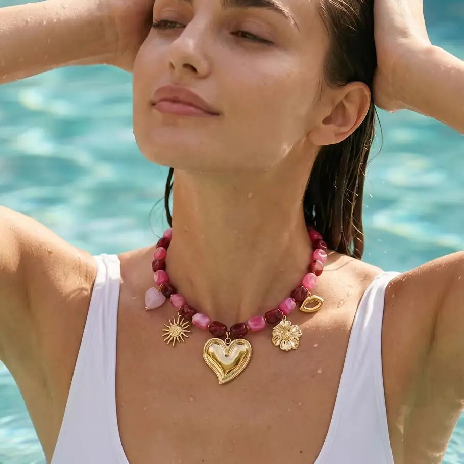 Badu Colorful Acrylic Beaded Choker Sun Heart Flower Pendants Necklace for Women Stainless Steel Fashion Jewelry Party Gifts