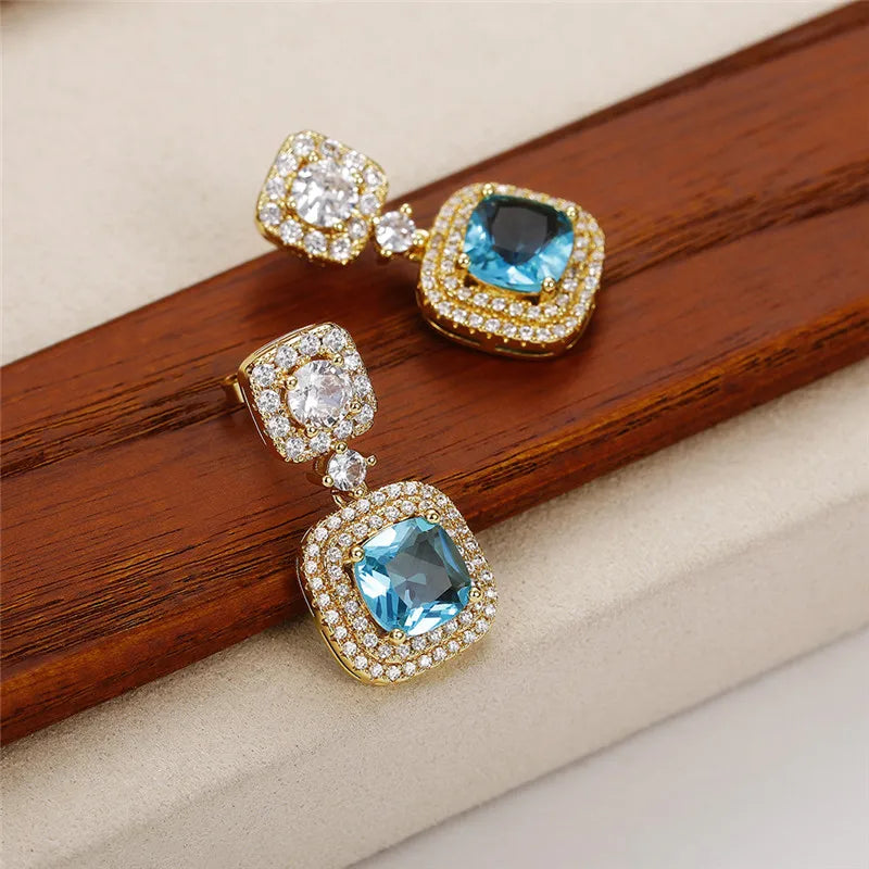 Huitan Luxury Gold Color Blue CZ Dangle Earrings Engagement Wedding Party Noble Women's Ear Accessories New Fashion Jewelry 2022