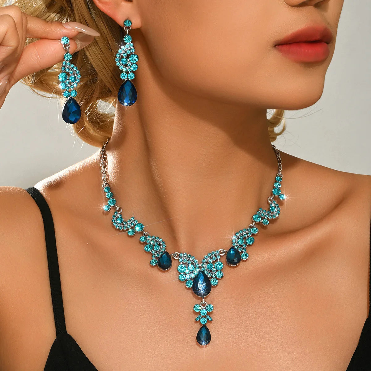 Women's Blue Geen Black Water Drop Earrings Necklace Set, Elegant Jewelry Gift for Women, Perfect for Parties & Daily Wear