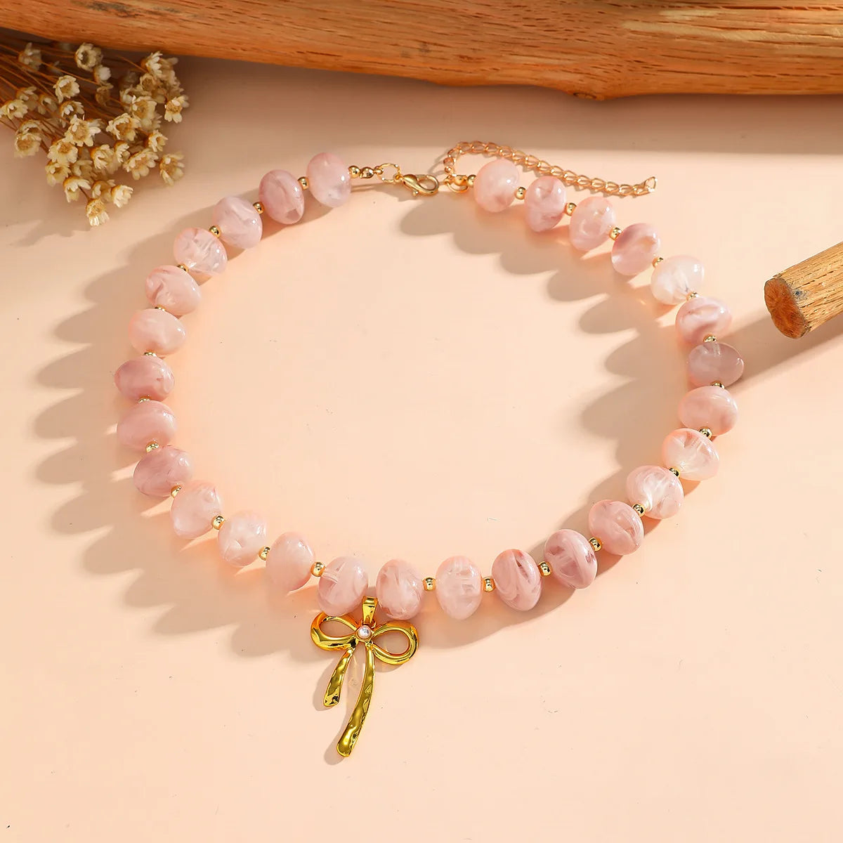 Pink Acrylic Round Beads Choker Necklace for Women Stainless Steel Gold Color Bowknot Pendant Collars Boho Beach Jewelry Gifts