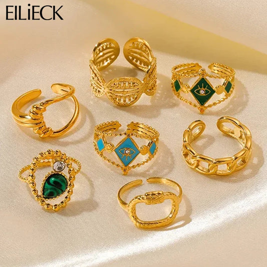 EILIECK 316L Stainless Steel Adjustable Open Ring For Women Girl New Vintage Gold Color Rings Lady Jewelry Wedding Gift Party