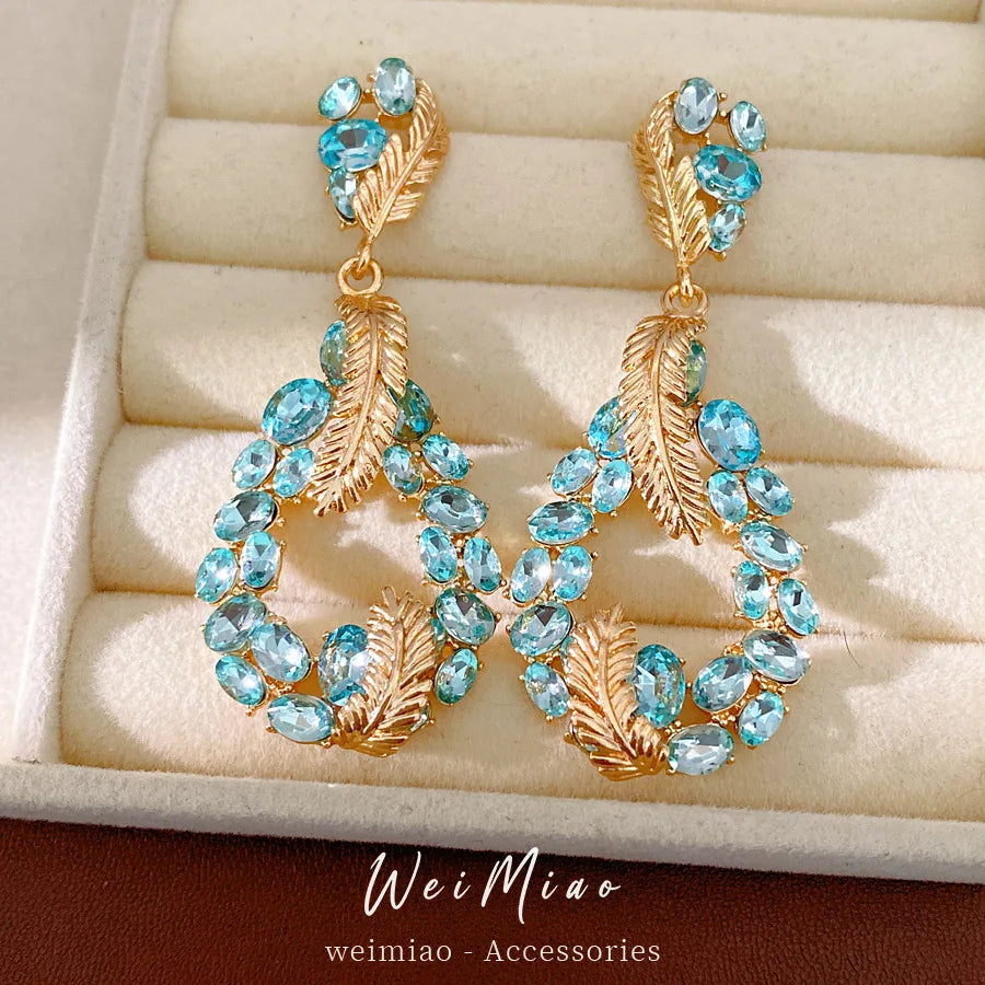 Vintage Rhinestone Inlaid Feather Drop Earrings Retro Style Light Luxury High Grade Elegant Exquisite Stud Ear Jewelry For Women