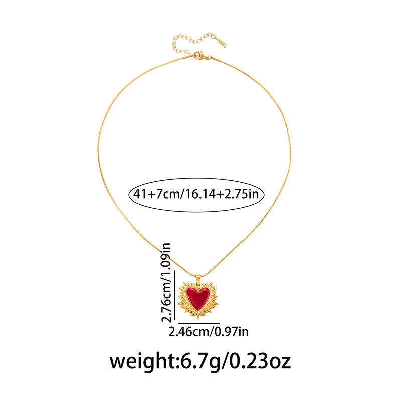 ANENJERY 316L Stainless Steel Red Heart Geometry Pendant Necklace For Women Vintage French Elegant Jewelry Gifts Wholesale