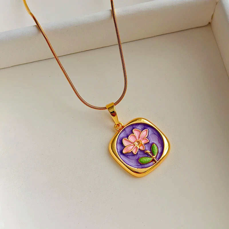 ANENJERY 316L Stainless Steel Colorful Square Lotus Necklace For Women Summer Holiday Glamorous Jewelry Gift Wholesale