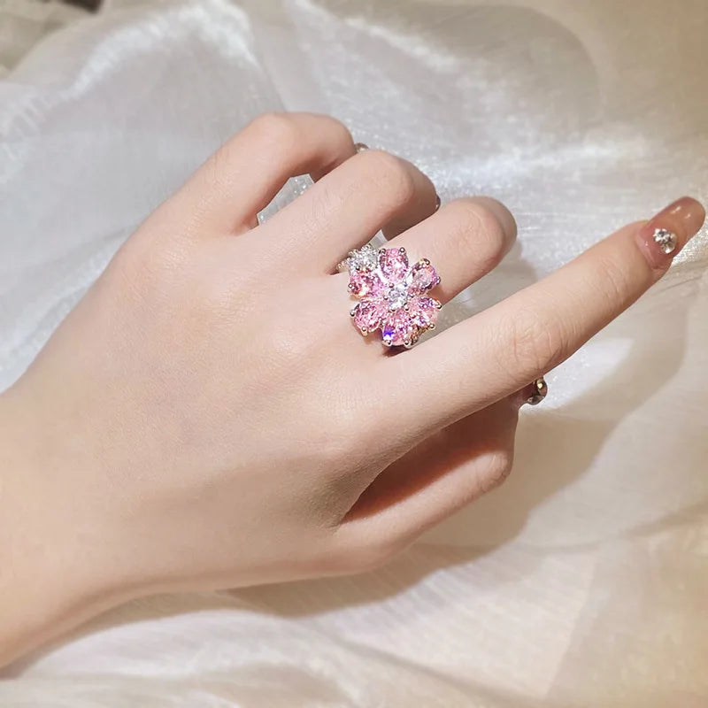 Cute Female Pink Crystal Stone Ring Charm Upscale Thin 925 Sterling Silver Wedding Rings for Women Bride Flower Zircon Jewelry