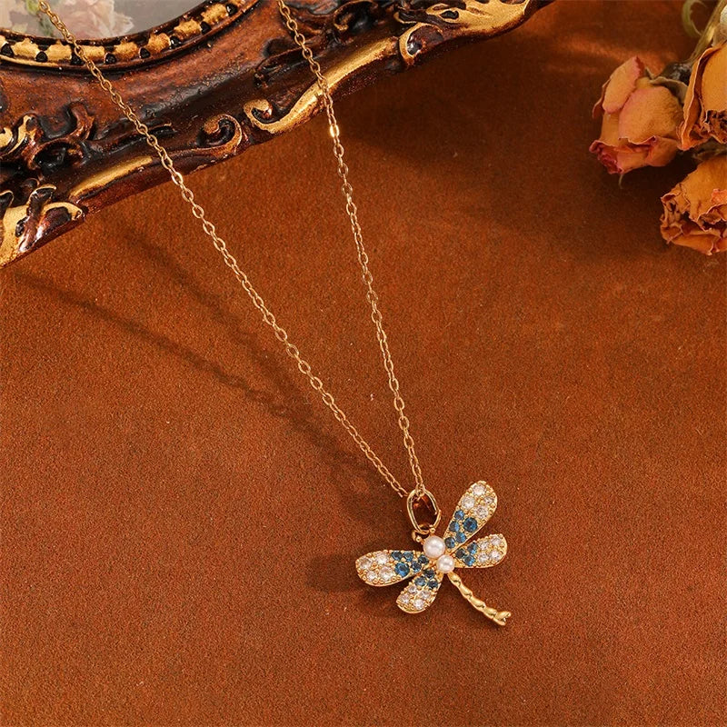 EILIECK Women's Cute Trendy Dragonfly Pendant Necklace 18K Gold-plated Stainless Steel Neck Chain Daily Water-resistant Jewelry