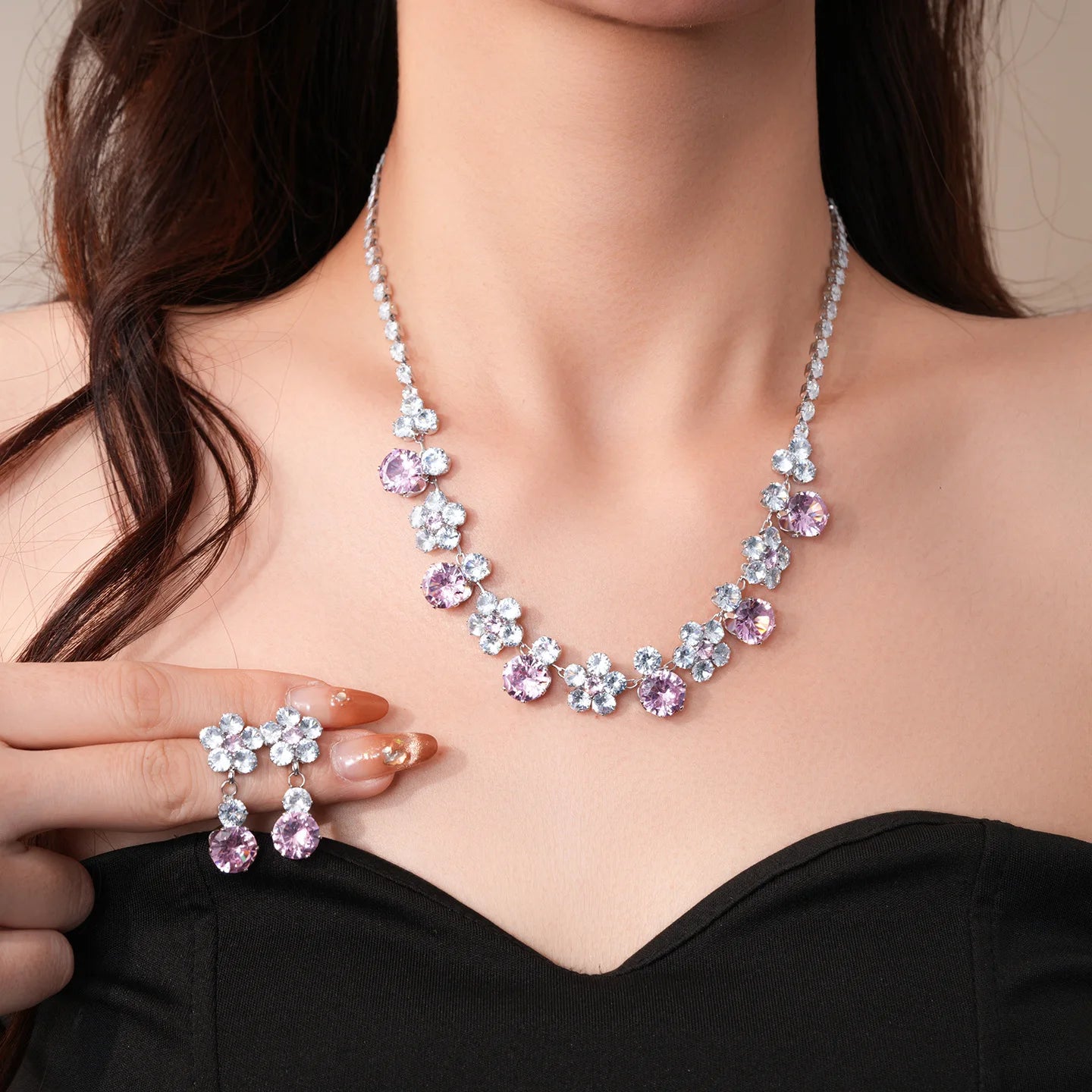 2 Pcs Reteo Flower Rhinestones Chokers Necklaces for Gathering Bling Color-block Dangle Earrings Banquet Anniversary Set H