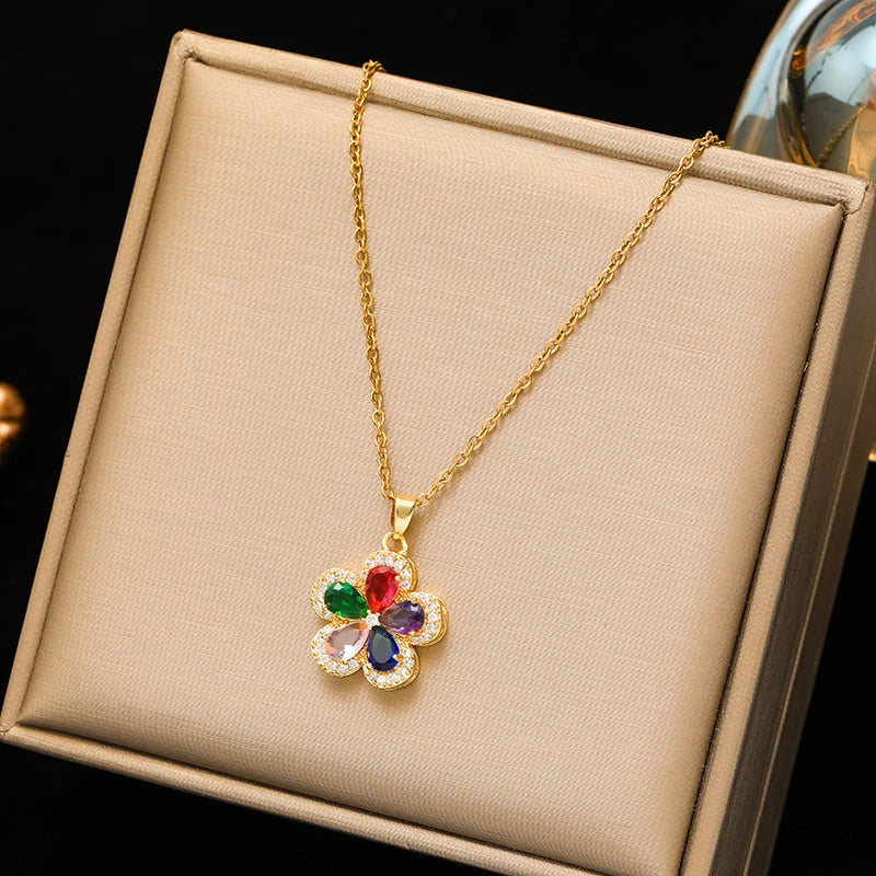 EILIECK New Tulip Flower Cubic Zirconia Chain Necklace Stainless Steel Fashion Collar Necklace Jewelry for Women Bijoux Gift