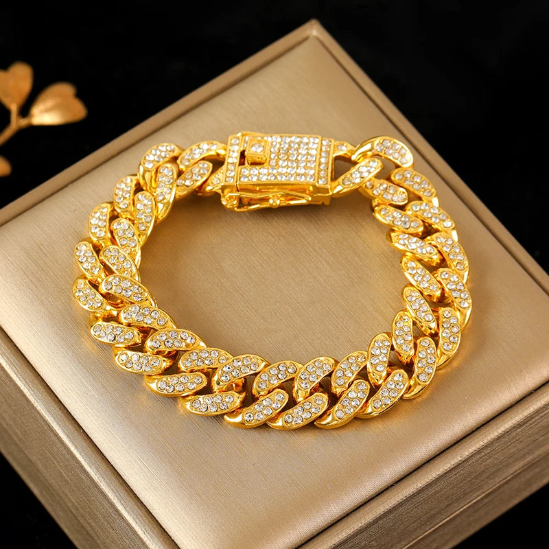 EILIECK Exquisite Geometric Thick Cuban Chain Necklace Bracelet Set Trendy Collar Punk Zirconia Collar Jewelry Women Men New