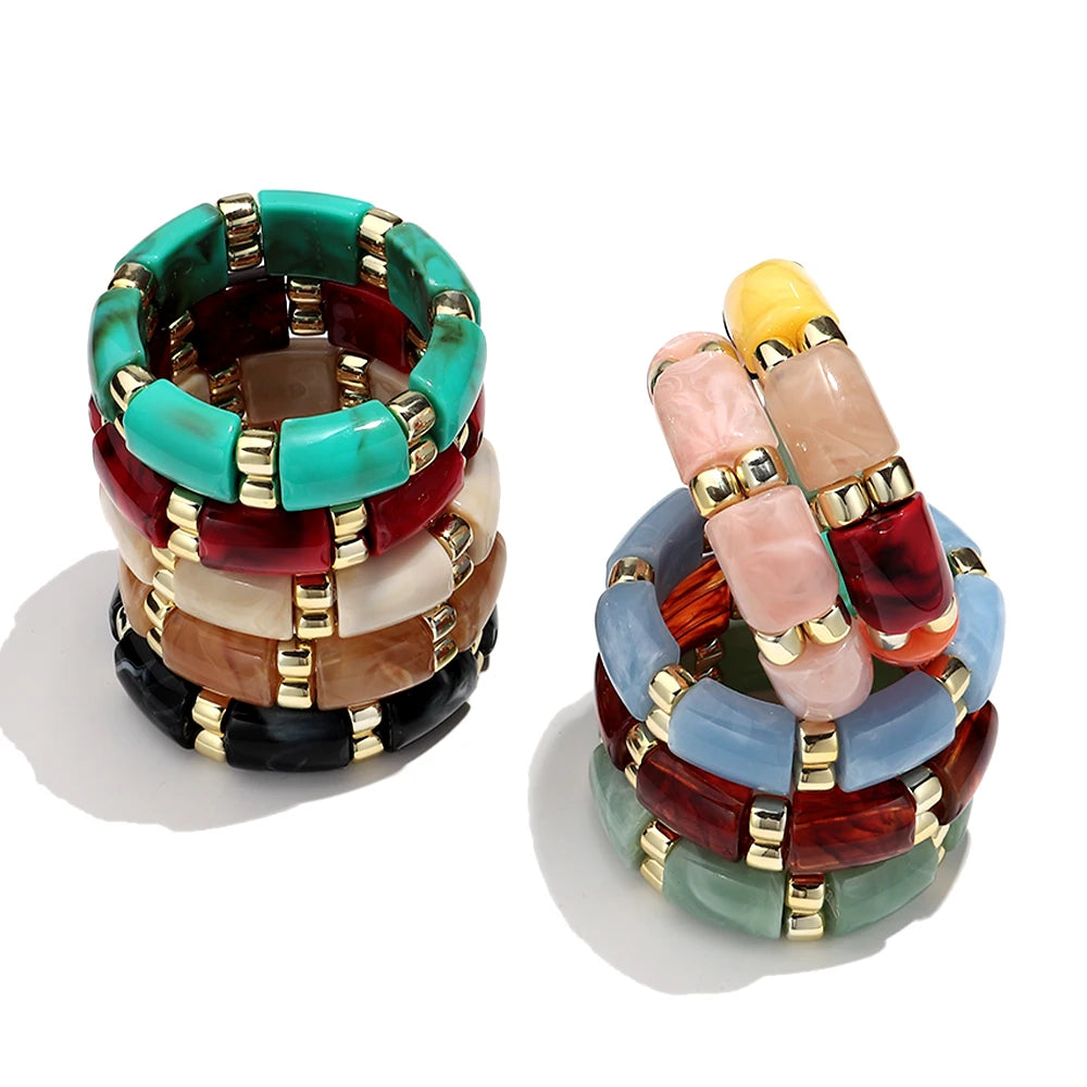 Vintage Acrylic Marbled Elastic Beads Bangle Bracelets for Women Fashion Golden CCB Round Beaded Cuff Bracelet Jewelry Gifts