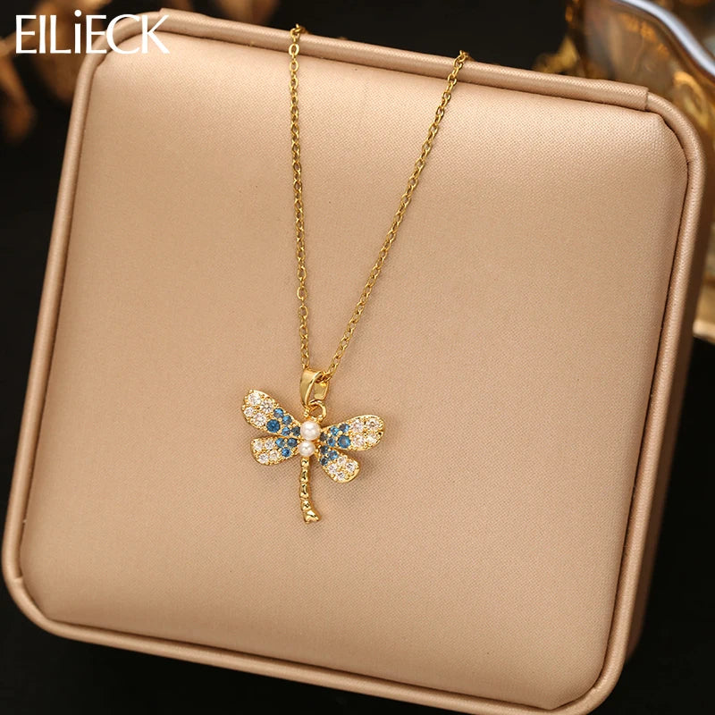 EILIECK Women's Cute Trendy Dragonfly Pendant Necklace 18K Gold-plated Stainless Steel Neck Chain Daily Water-resistant Jewelry