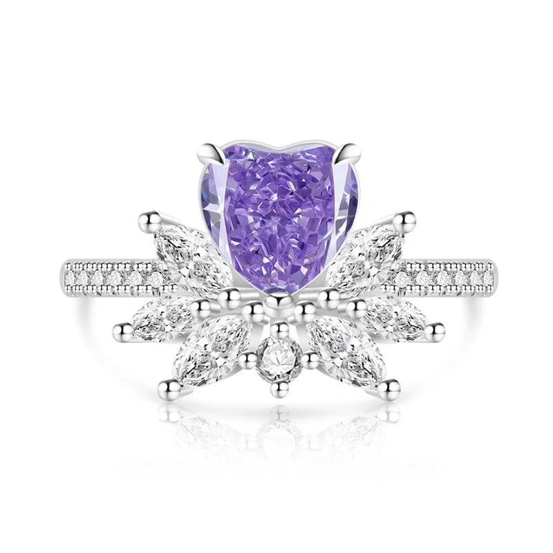Light luxury 925sterling silver colorful gemstone ice flower ring for women,super sparkly high carbon diamond heart ring jewelry