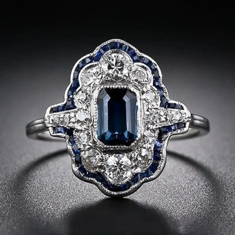Fashion Exquisite Blue Rings Women Anniversary Evening Party Dazzling Zircon Silver Color Elegant Lady's Luxury Jewelry Gifts
