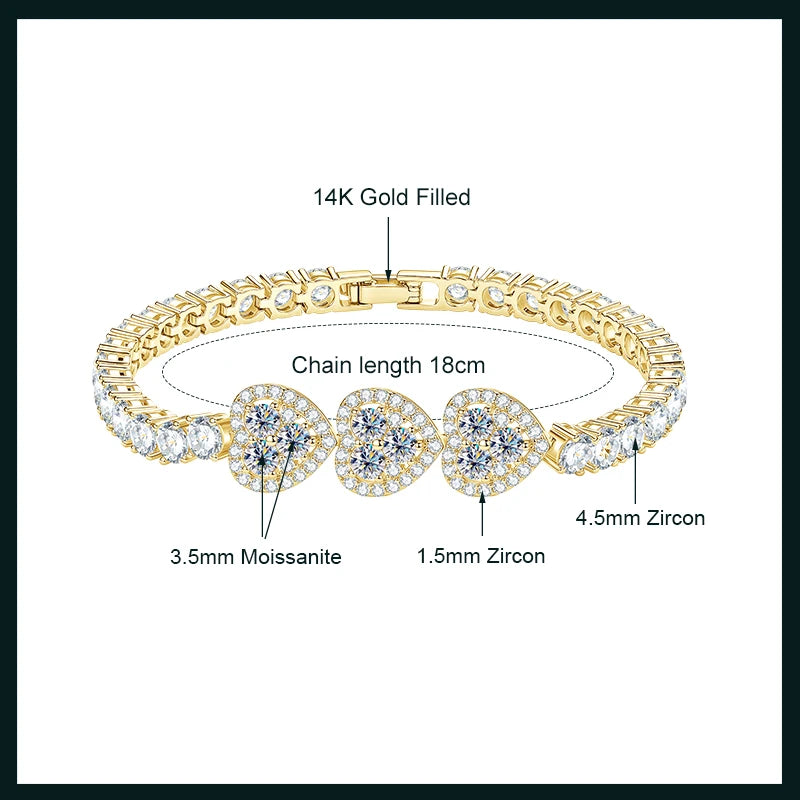 OXTAO Heart Moissanite Tennis Chain Bracelet  White Green Pink Lab Imitation Diamond Colorful Jewelry Bracelet 14K Gold Filled