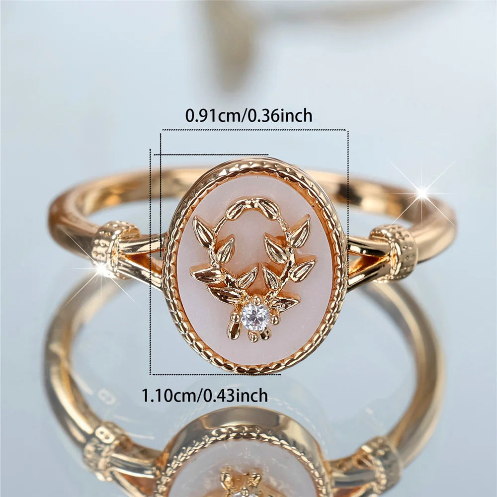 Charm Female White Enamel Stone Oval Leaf Plant Ring Rose Gold Silver Color Cute Gift Wedding Jewelry For Women