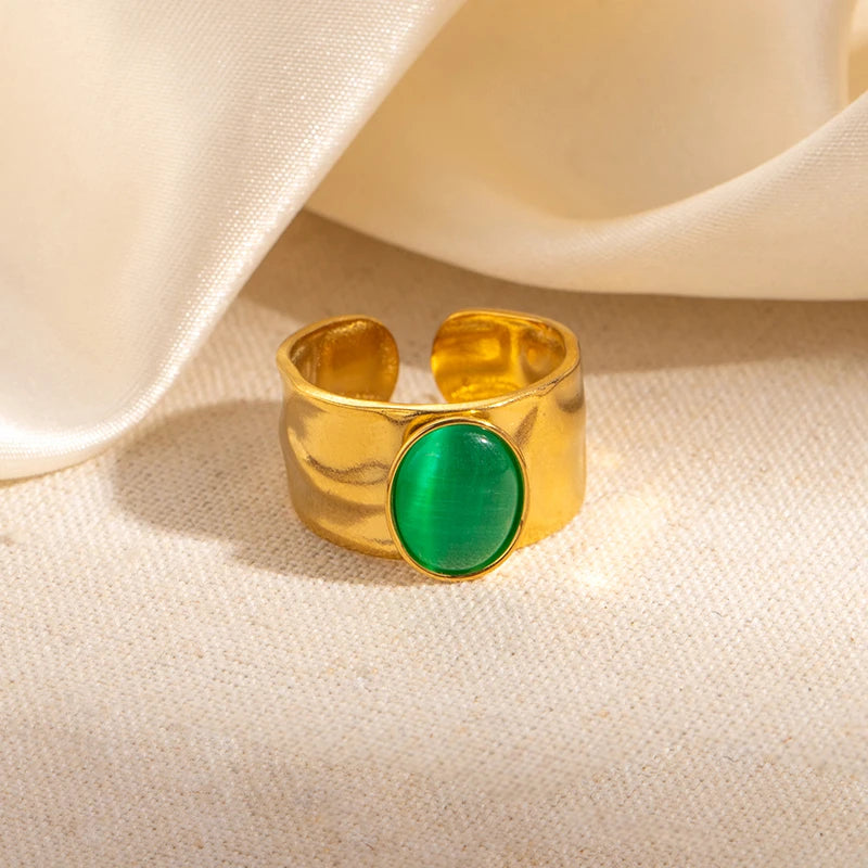 ANENJERY 316L Stainless Steel Colorful Stone Wide Smooth Open Ring for Women Men Elegant Noble Jewelry Gifts Wholesale