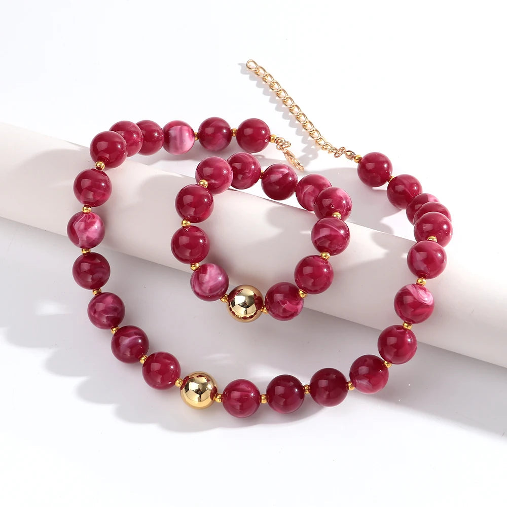 Trendy Acrylic Multicolor Round Beads Necklace Bracelet Set Resin Geometric Beaded Choker Necklaces 2026 Fashion Jewelry