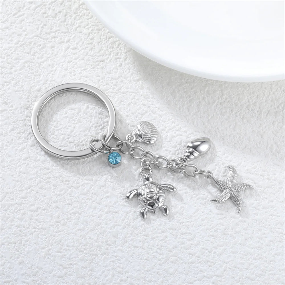 Turtle Starfish Shell Keychain Ocean Theme Stainless Steel Seashell Conch Crystal Charms Key Ring Fashion Beach Bag Holiday Gift