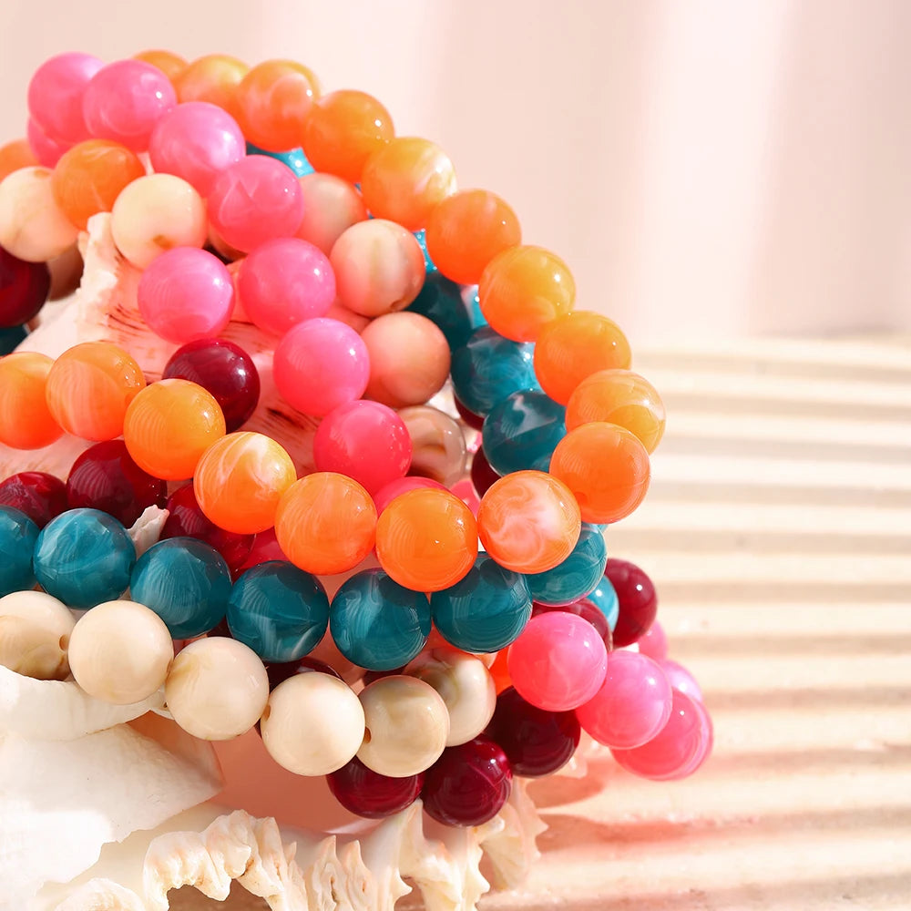 E.B.belle Colorful Marbled Resin Bead Necklace Hypoallergenic Chunky Beaded Chain Bohemian Holiday Women Jewelry Accessories