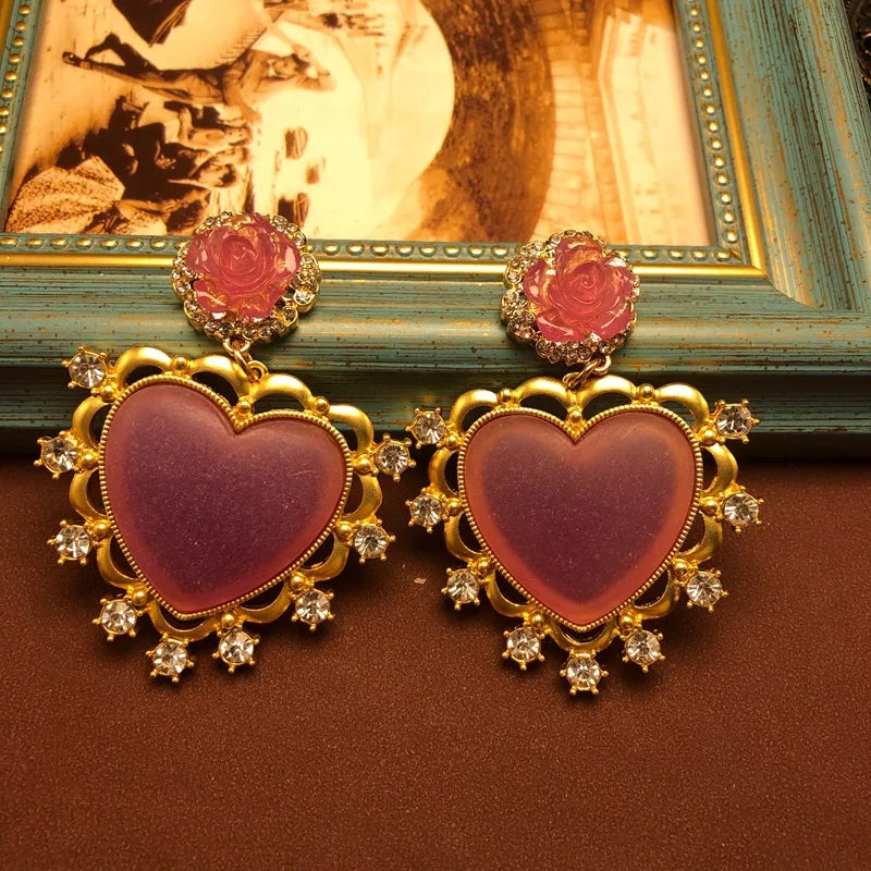 NISHIZAWA Gemstones Hearts Earrings for Women Palace Style Sweet Vintage Pendientes Mujer Fashion Elegant Simple Jewelry