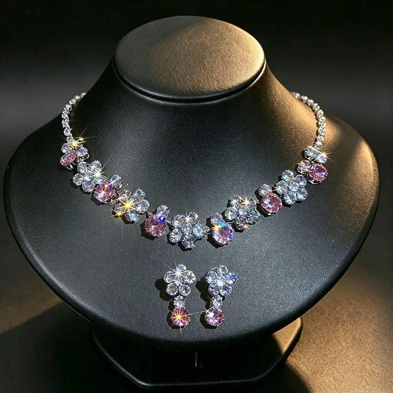 2 Pcs Reteo Flower Rhinestones Chokers Necklaces for Gathering Bling Color-block Dangle Earrings Banquet Anniversary Set H