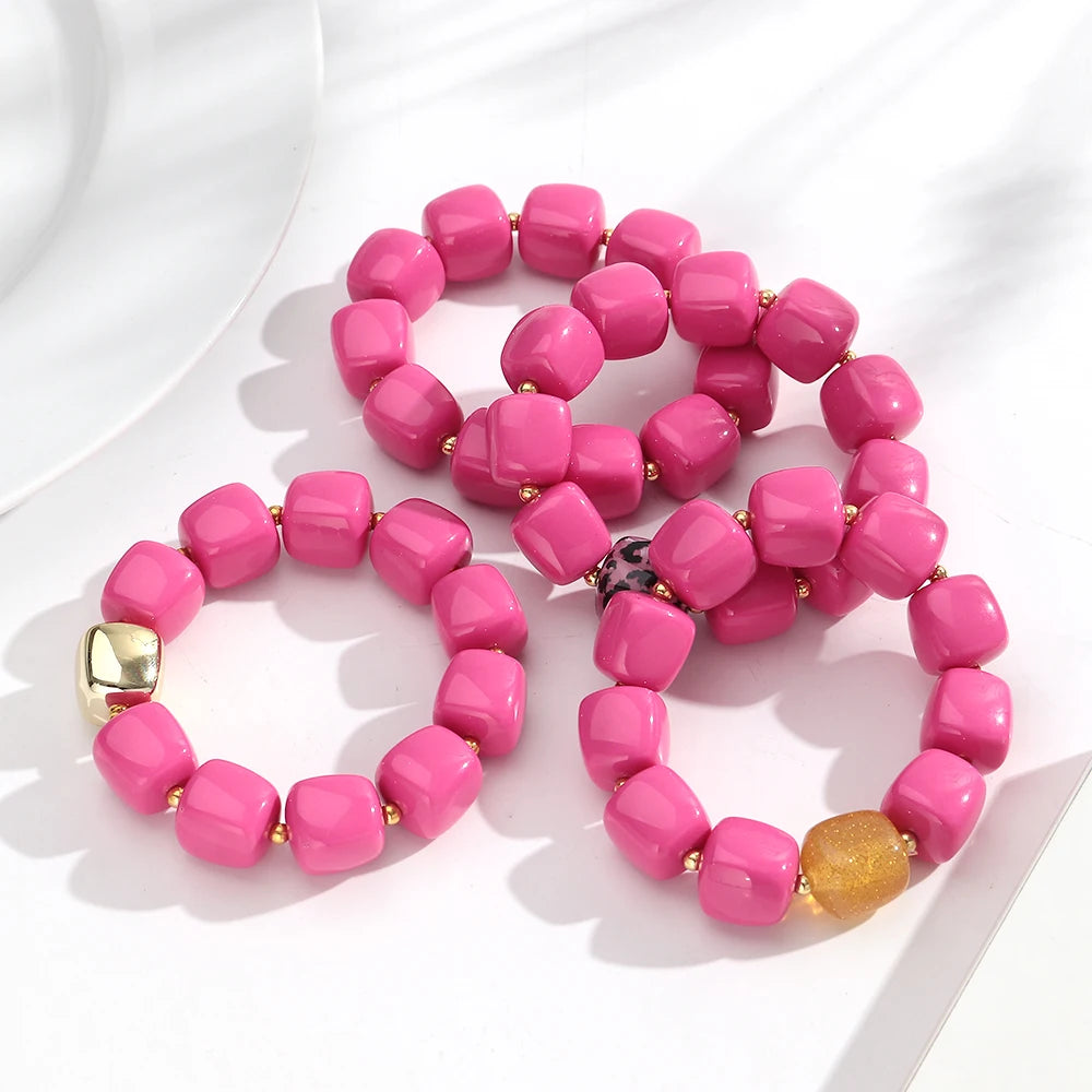 New Pink Square Breaded Elastic Bracelets for Women Resin Geometric Beads Stretch Cuff Bangle Bracelets Fashion Jewelry