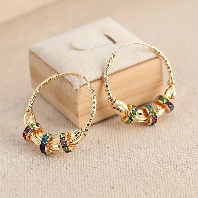 Retro Metal Crescent Earrings Bohemian Water Drop Tassel Earrings Multicolor Gemstone Inlay Jewelry for Women Gifts