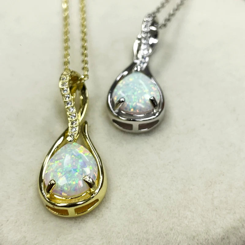 925 Sterling Silver Fashion Zircon Necklace 10x7mm Water Drop White Opal Ladies Pendant Necklace for Women Elegant Gemstone Gift