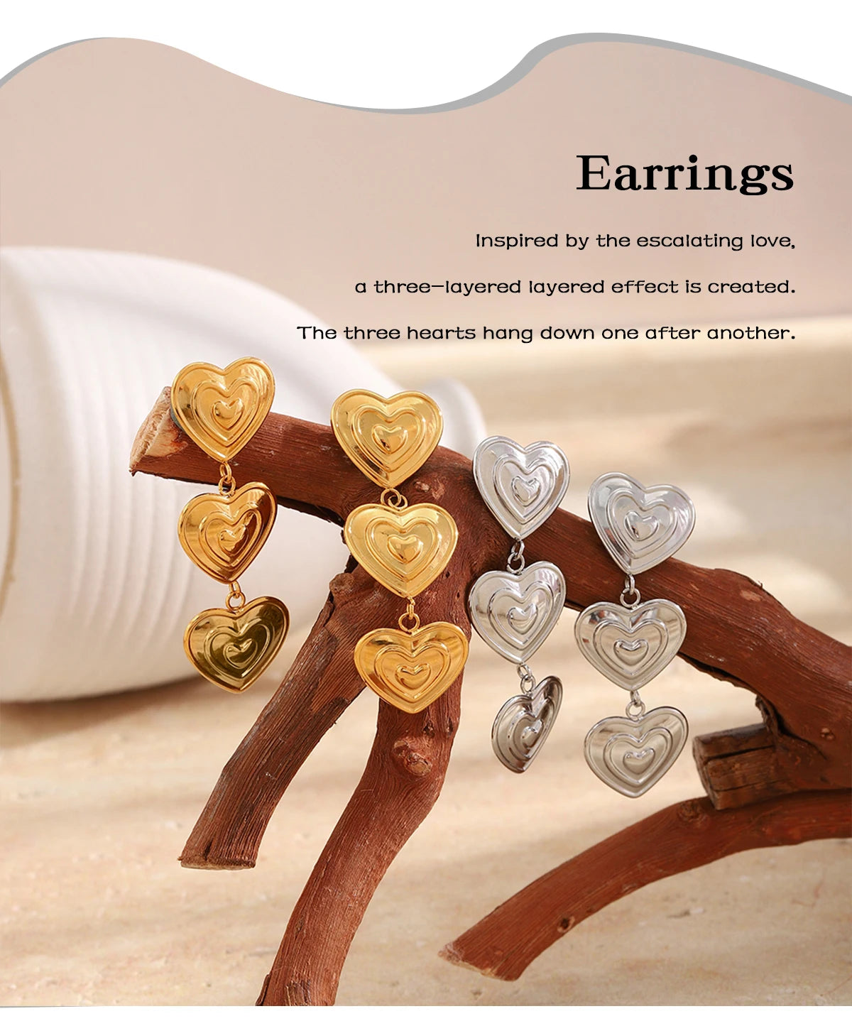 E.B.belle Modern Triple Heart Stud Earrings For Women 18K Gold Plated Waterproof Stainless Steel Earrings Fashion Ladies Jewelry
