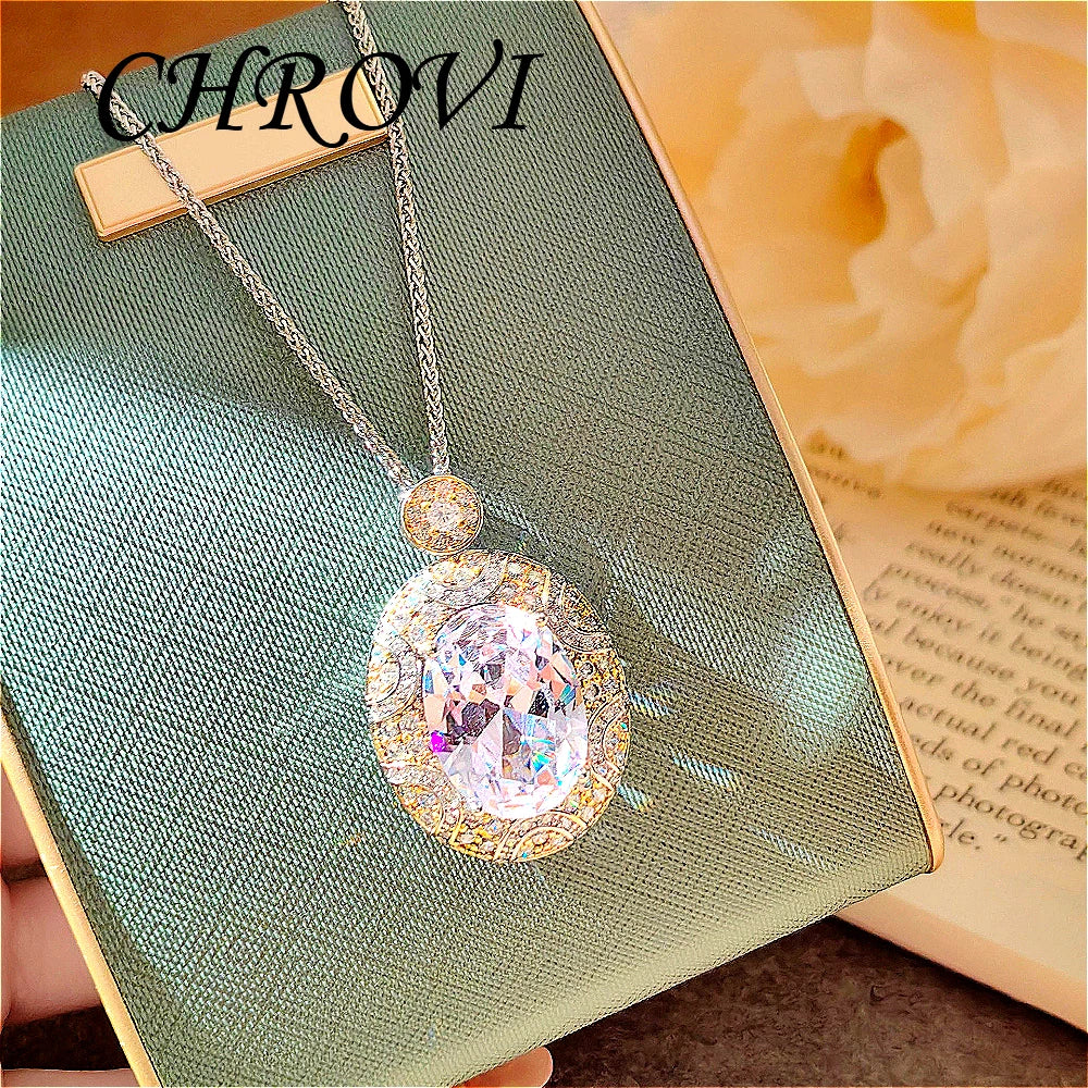 Luxury-Style 925 Sterling Silver Two-Colored Pendant Necklace Stud Earrings White Diamond Ring Gemstone Set