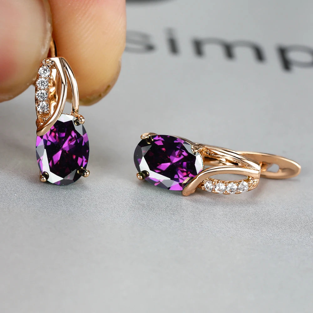 Crystal Purple Oval Stone Jewelry Rose Gold Color Wedding Hoop Earrings For Women