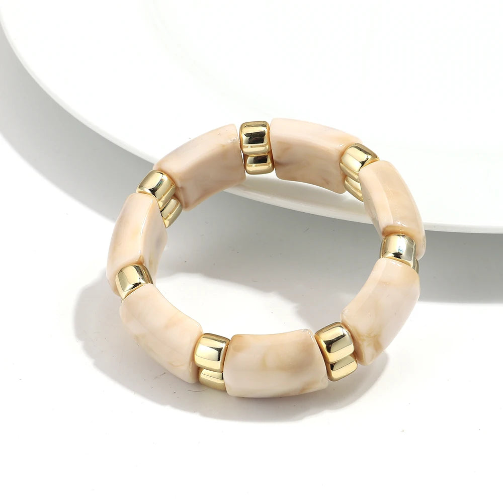 Vintage Acrylic Marbled Elastic Beads Bangle Bracelets for Women Fashion Golden CCB Round Beaded Cuff Bracelet Jewelry Gifts