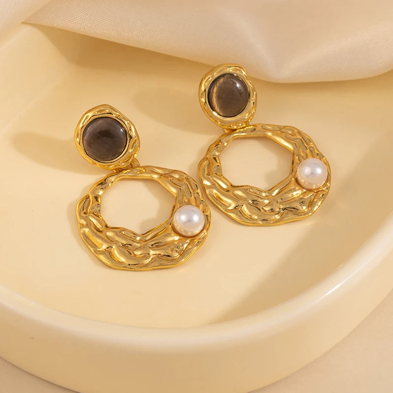 ANENJERY 316L Stainless Steel Pearl Irregular Geometry Pendant Earrings For Women Bohemia Niche Retro Waterproof Jewelry Gifts