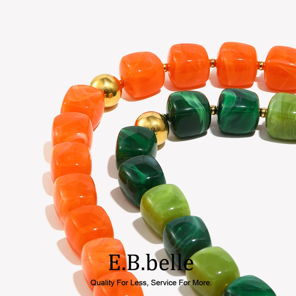 E.B.belle Vintage Statement Acrylic Square Bead Necklace Gold Plated Suitable For Ladies Green Red Bead Tarnish Free Jewelry