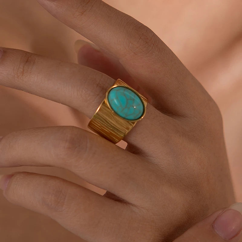 ANENJERY 316L Stainless Steel Turquoise Zircon Hollow Open Multi Layered Ring for Women Vintage Niche Jewelry Gifts Wholesale