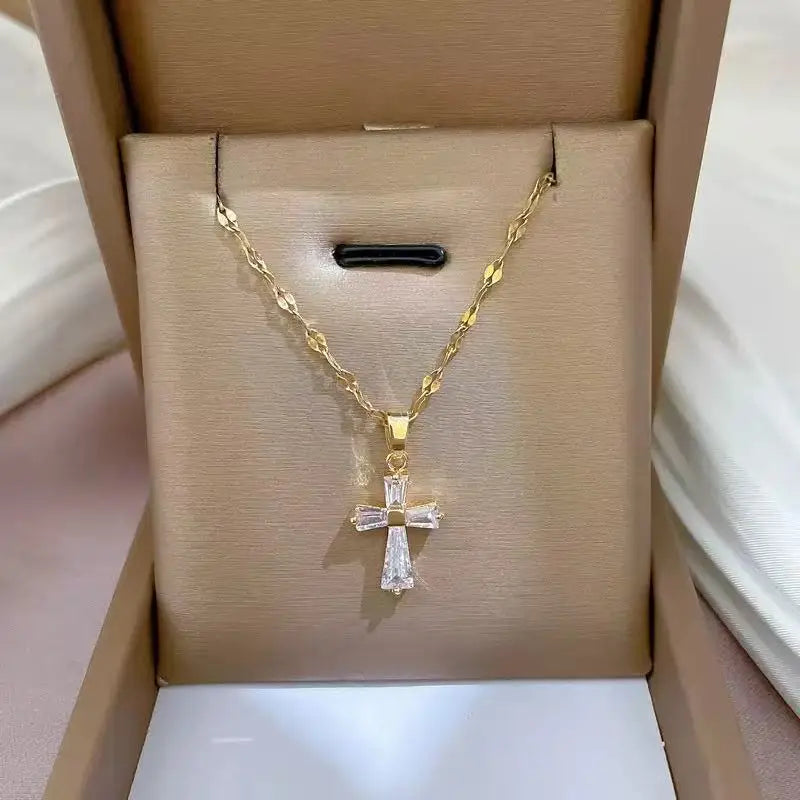 EILIECK 316L Stainless Steel Delicate Shiny Cubic Zirconia Cross Pendant Necklace for Women High Quality Jewelry Water Resistant