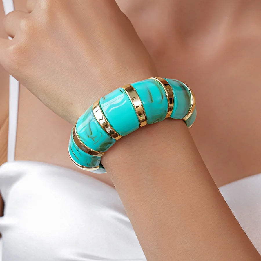 KMVEXO Vintage Turquoise Blue Geometric Resin Bangle Women Irregular Wide Bracelet Ladies Bohemian Beach Acrylic Bangles Jewelry